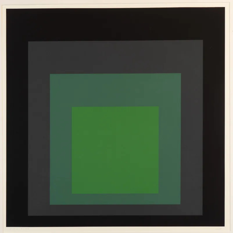 Concentric squares, weighted towards the bottom, with visual interactions between the colours. Primarily green and grey.