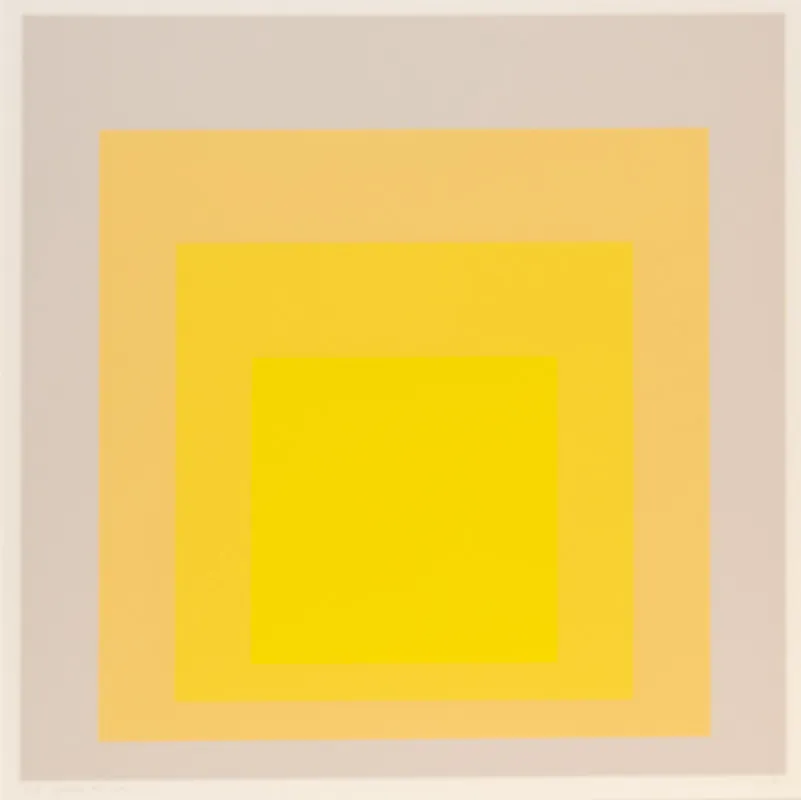 Concentric squares, weighted towards the bottom, with visual interactions between the colours. Primarily yellows.
