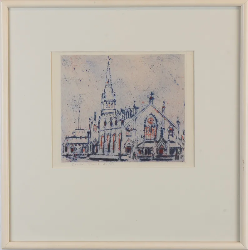 Church with steeple in blue and red lines. 