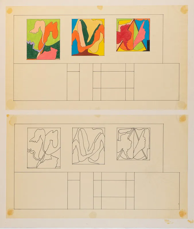 Sketch of proposed mural in colour and line drawing.