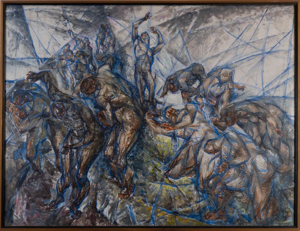 Crowd scene in pyramidal form, painted in a cubist manner.