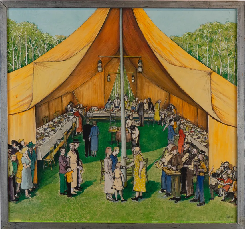 A gathering inside a tent.