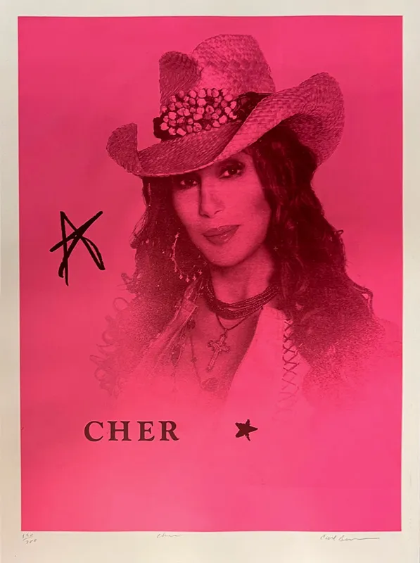 Portrait of Cher in magenta.