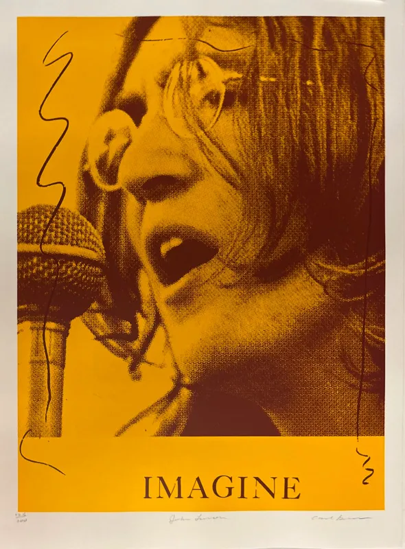 Portrait of John Lennon in yellow and brown. Imagine is printed on lower portion.