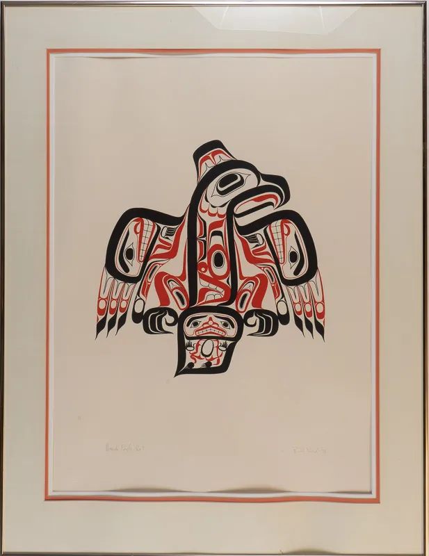 Coast Salish formline design in red and black of an Eagle. 