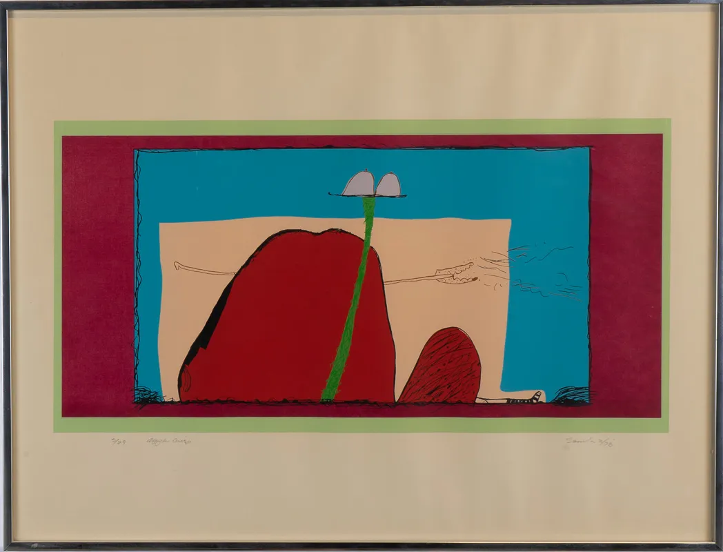 A large red apple pierved by an arrow. A pair of disembodied breasts on a plate. 
