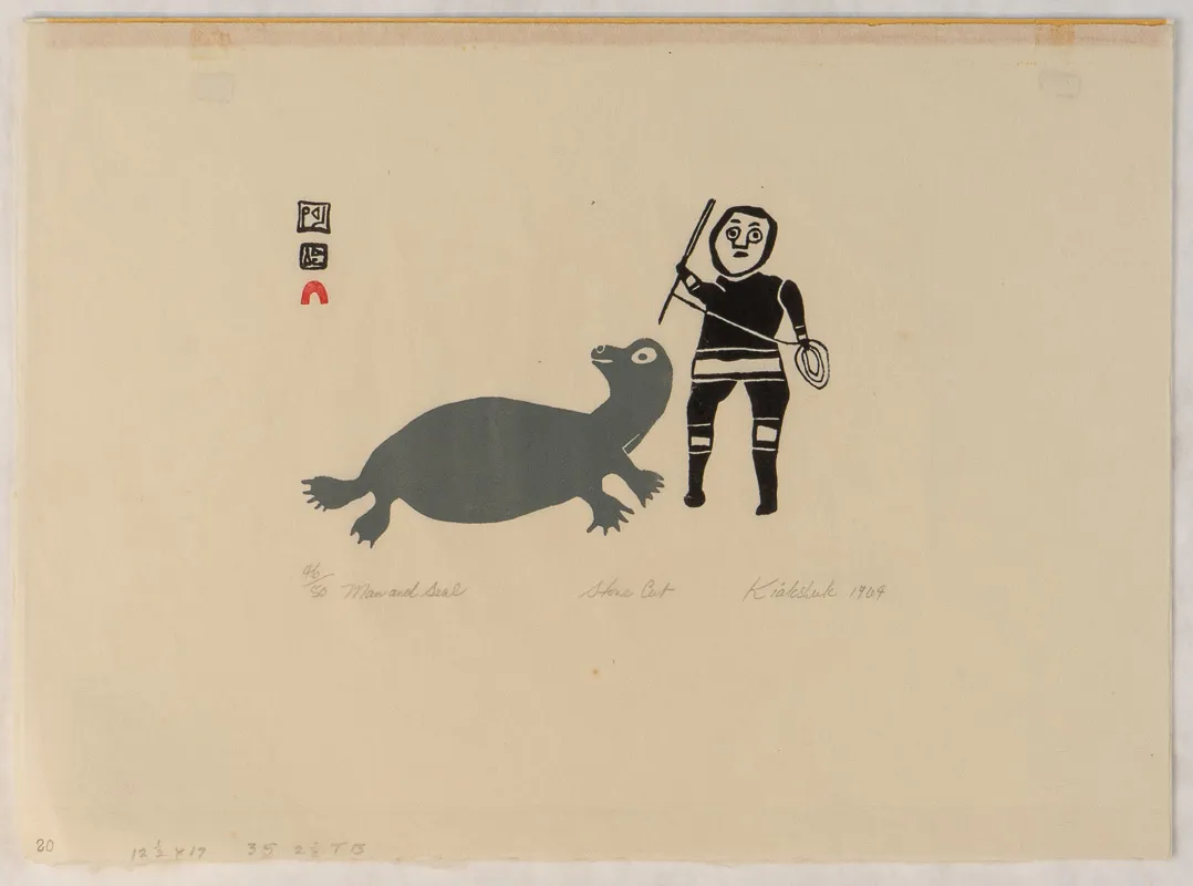 A man with a harpoon, approaching a seal.