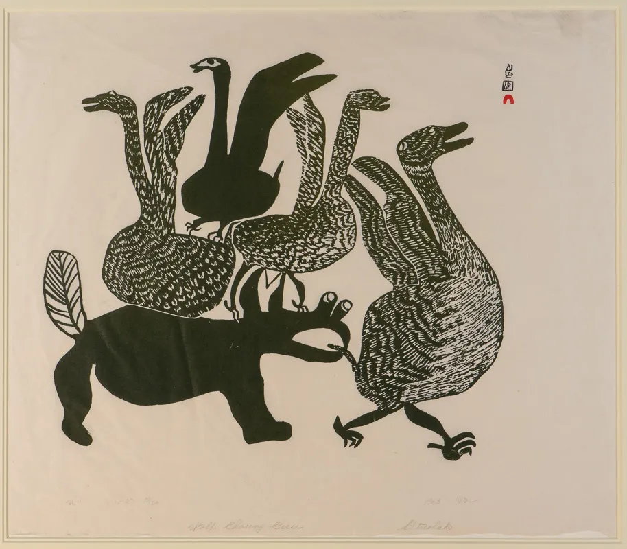 A wolf chasing several panicking geese.