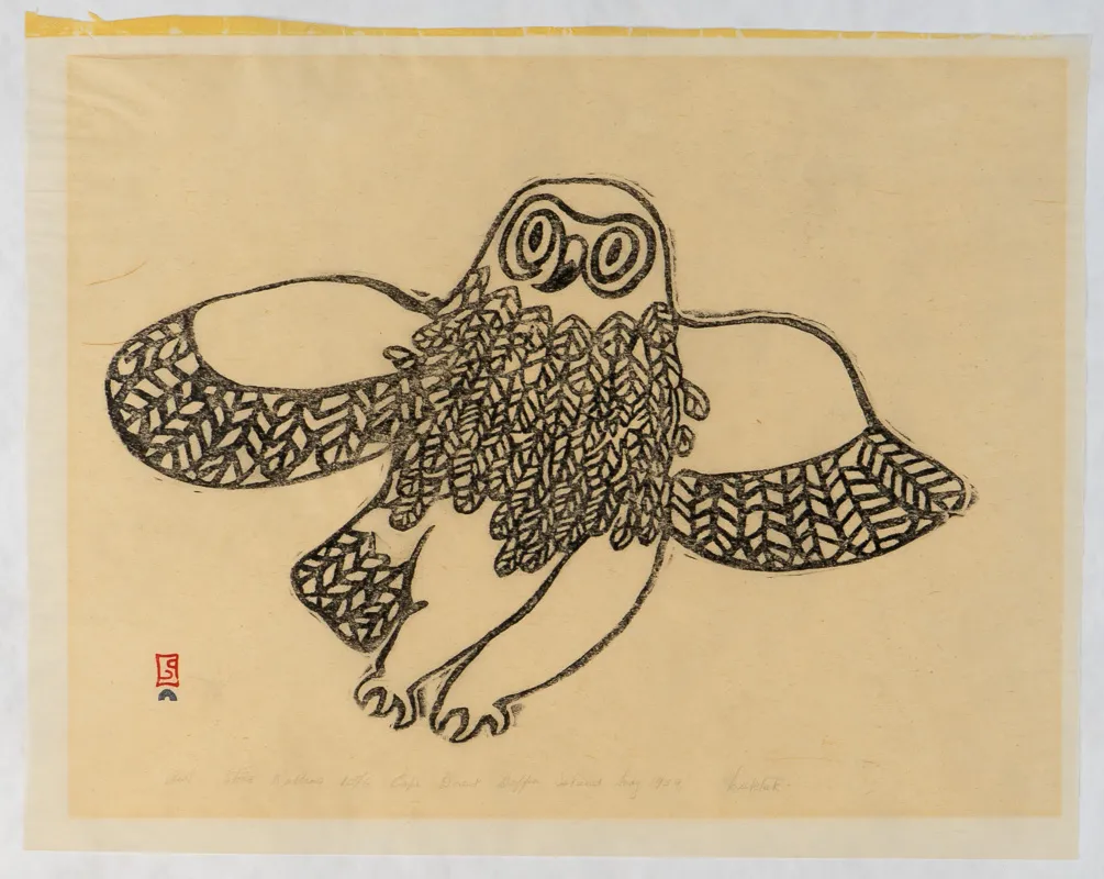 An owl, taking flight towards the upper right.