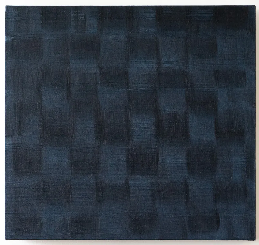 Painting of blue and bloack woven checkerboard textile.