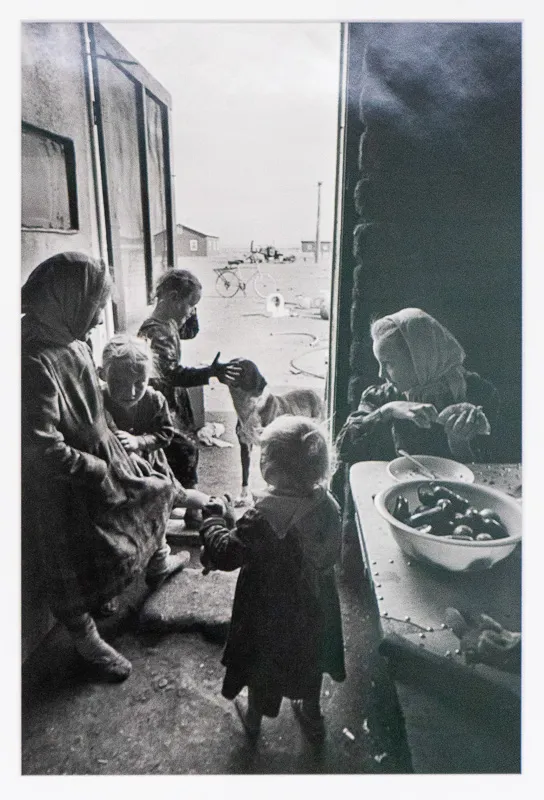 Five Mennonite children in traditional garb playing with a dog. 
