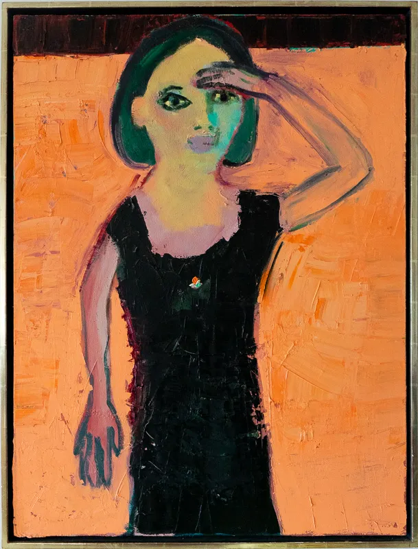 A woman in a black dress against an orange background. She appears to be saluting.
