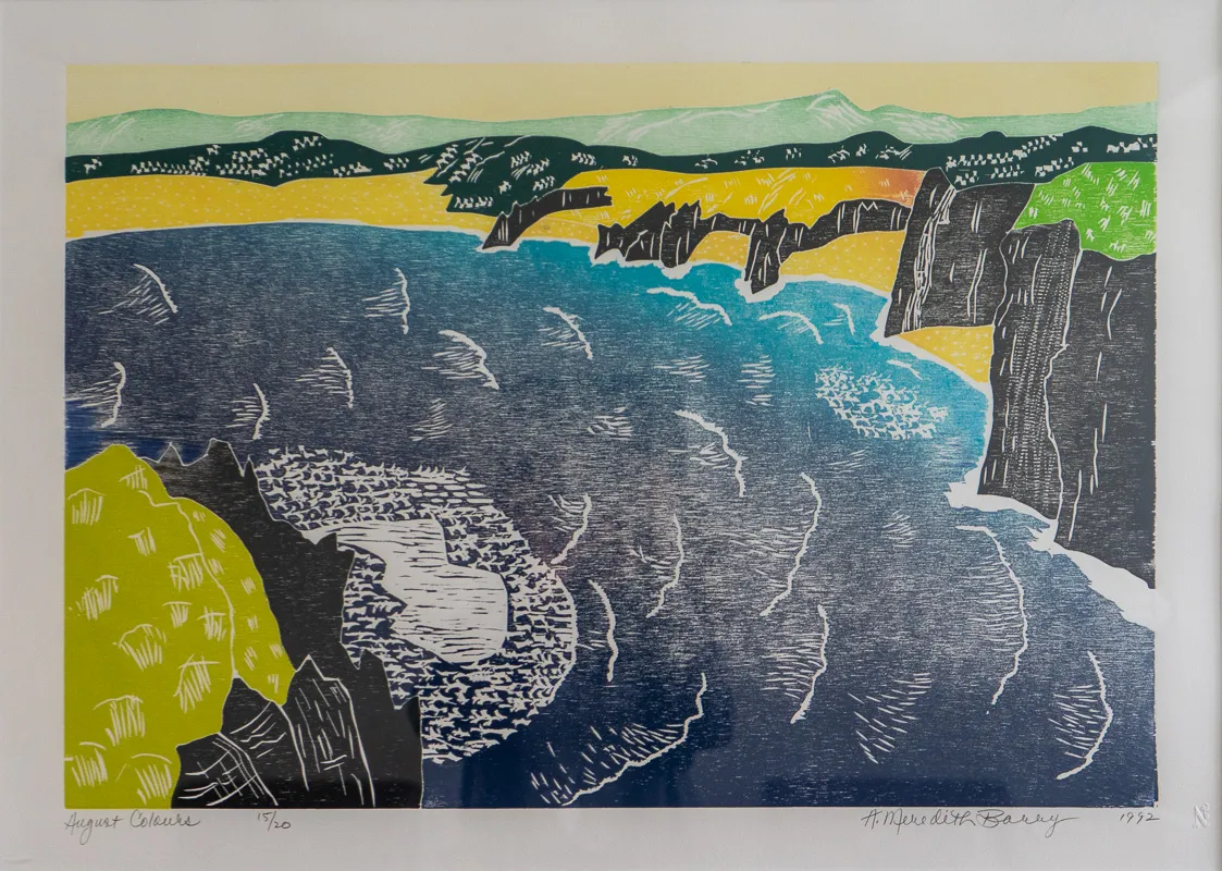 Geometrically abstracted view of a beach with cliffs.