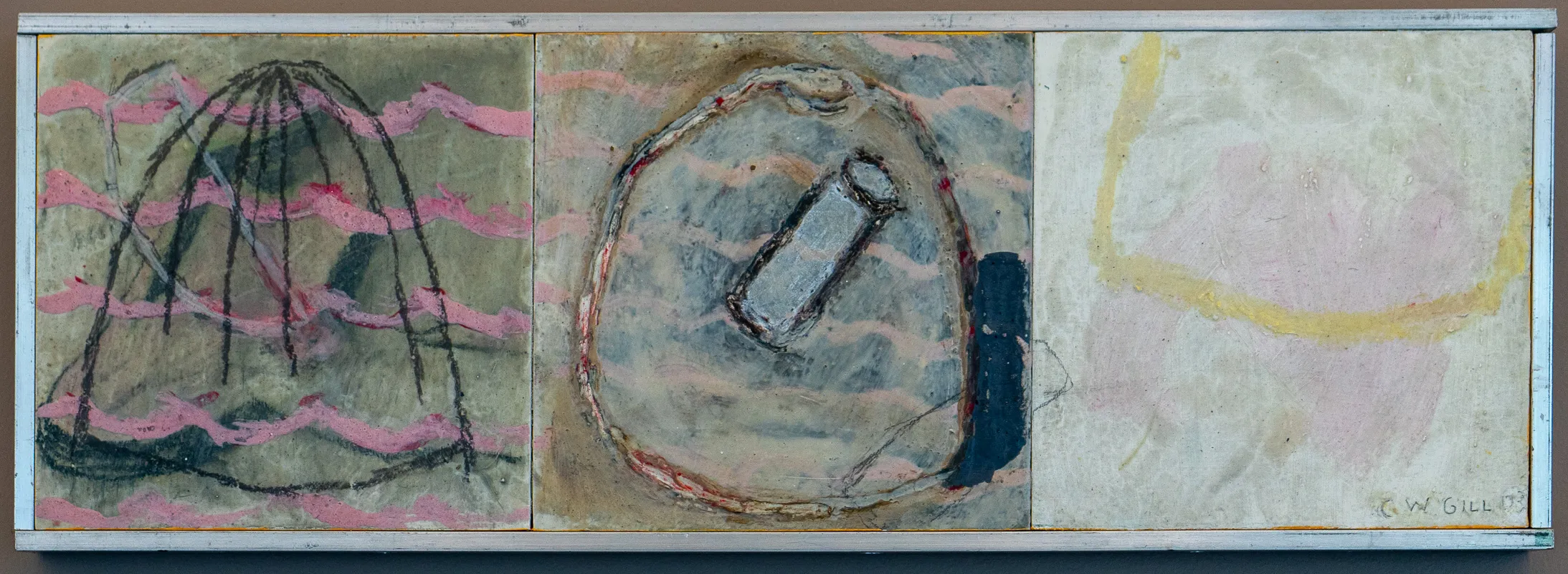 Tripartite painting of three objects. Very rough execution, evocative of industrial views.
