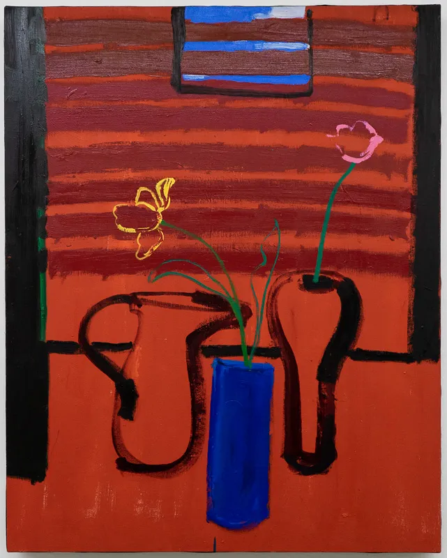 Outlines of two vases with flowers and a pitcher in a red room against a wall with a small window cut off at the top.