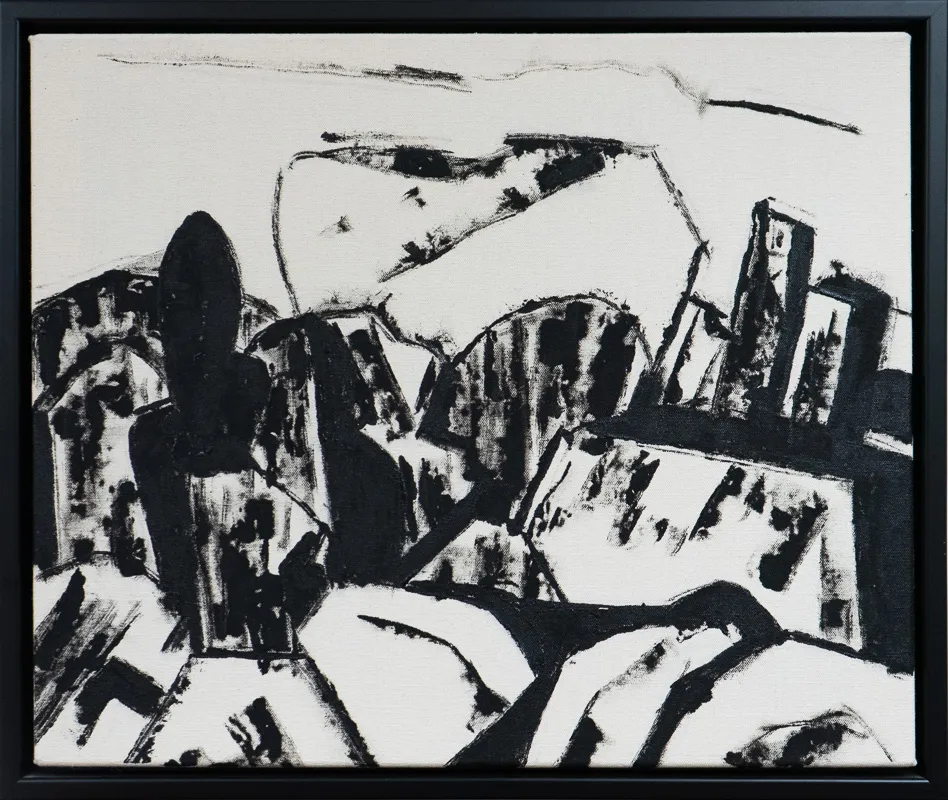 Black and white blocky sketch of two buildings in a hillside town.