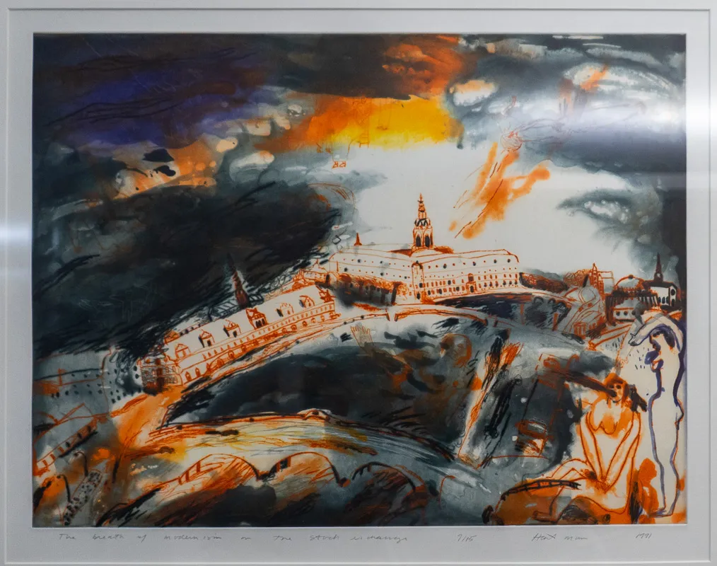 Abstracted view of a victorian edifice. In the lower right, two figures appear. One of them is blowing on the building. 