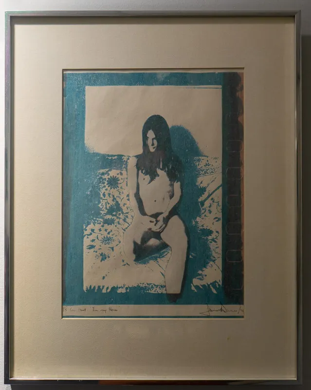 A young woman, nude, on a floral couch.