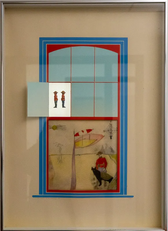 Pop art inflected view of/through a window with various mounties and a stylized Canadian flag.