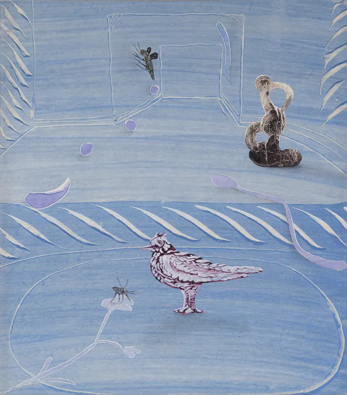 Surreal composition with birds on a blue ground.