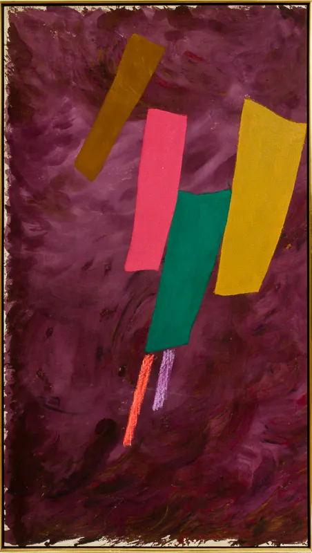 Abstraction with swathes of colour on a burgundy ground.