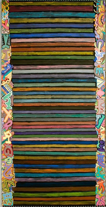 Colourful horizontal stripes in a painted frame.