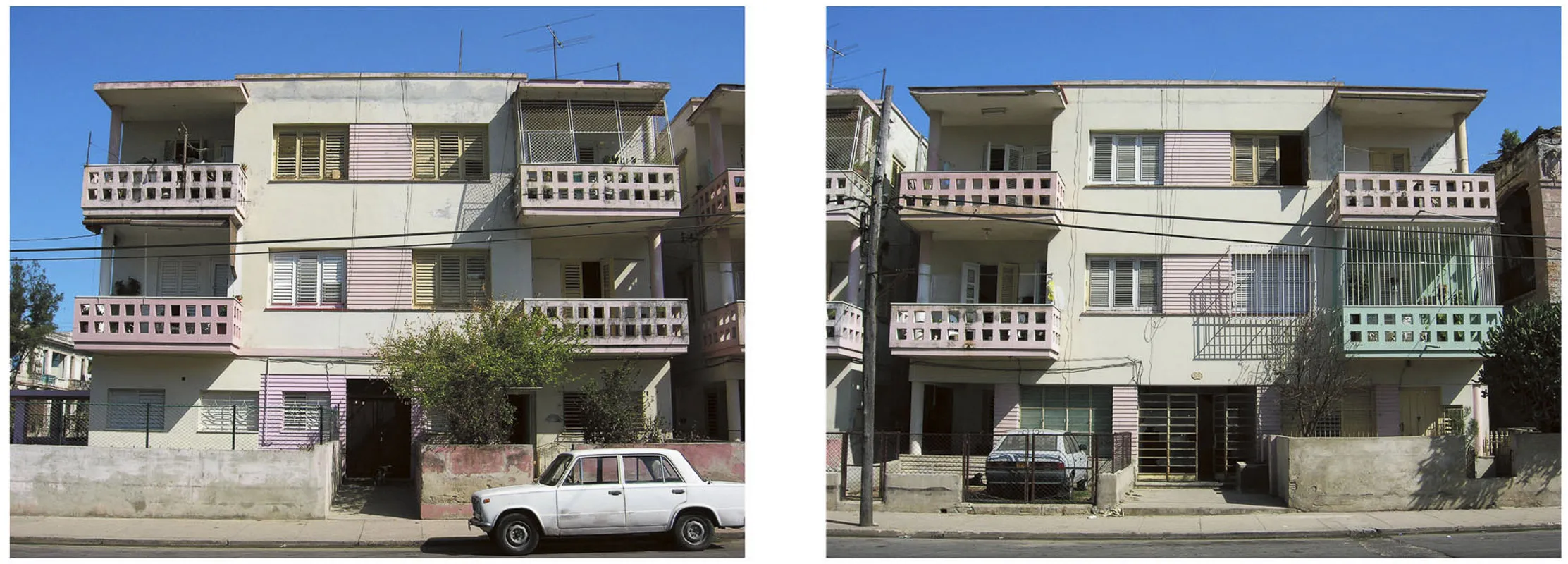 Photograph of houses that match architecturally, but have divered in appearance in surface decoration.