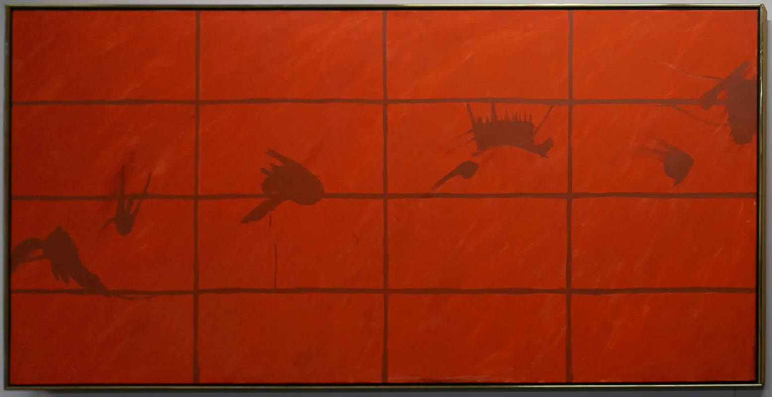 Red canvas with a grid and darker blotches reminiscent of islands in cartographic maps.