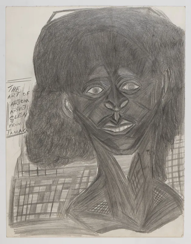 Portrait in pencil in a naive style against an urban backdrop.