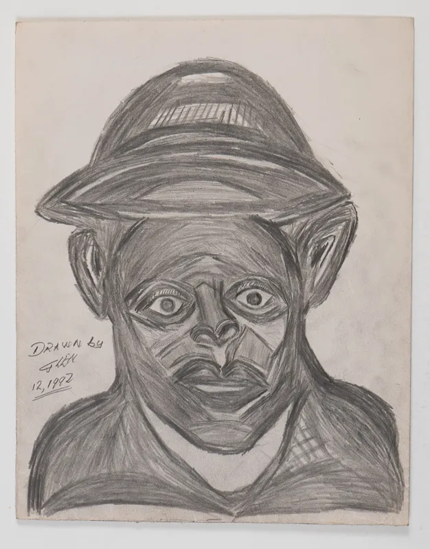 Portrait in pencil in a naive style on a blank background.