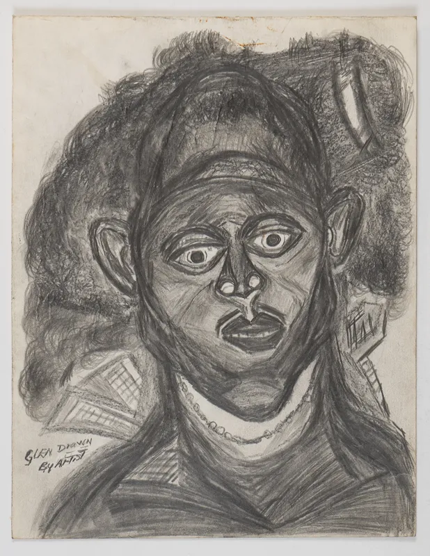 Portrait in pencil in a naive style against an urban backdrop.