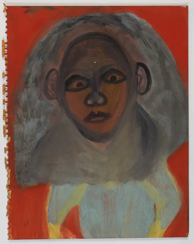 Portrait in oil in a naive style on a red background.
