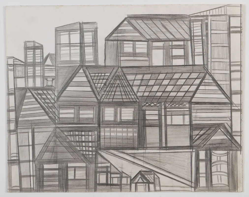 Urban landscape in pencil in a naive style.