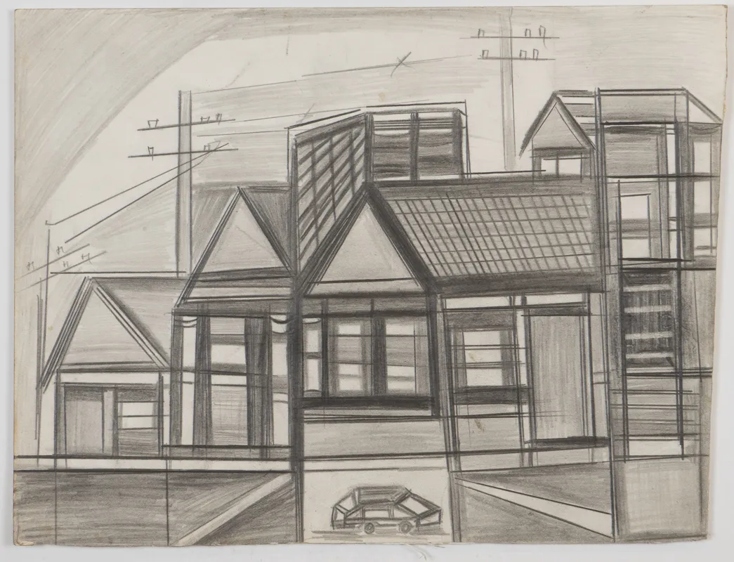 Cityscape in pencil in a naive style. 