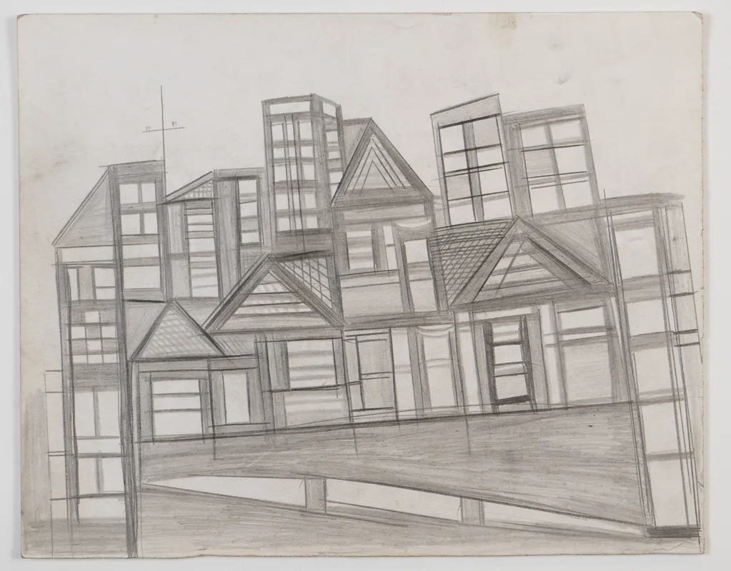 Cityscape in pencil in a naive style. 