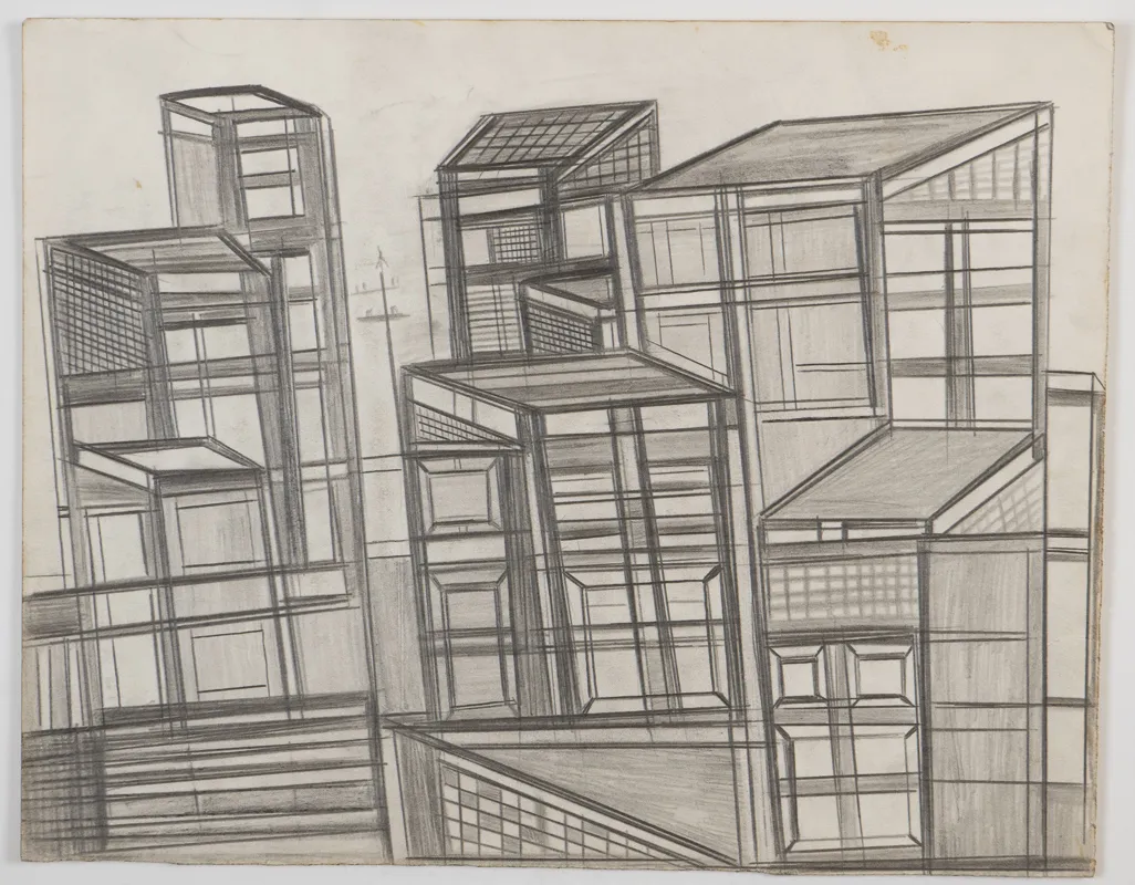 Cityscape in pencil in a naive style. 