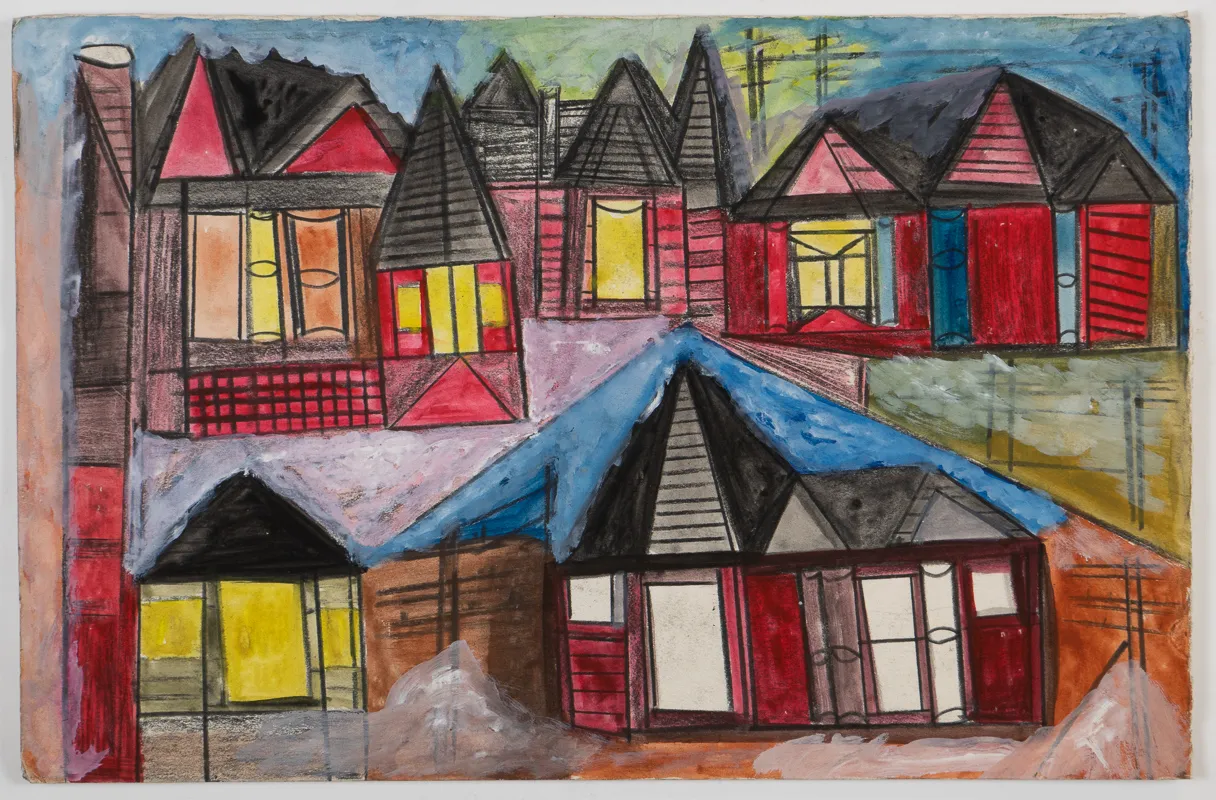 Cityscape in mixed media colour in a naive style. 