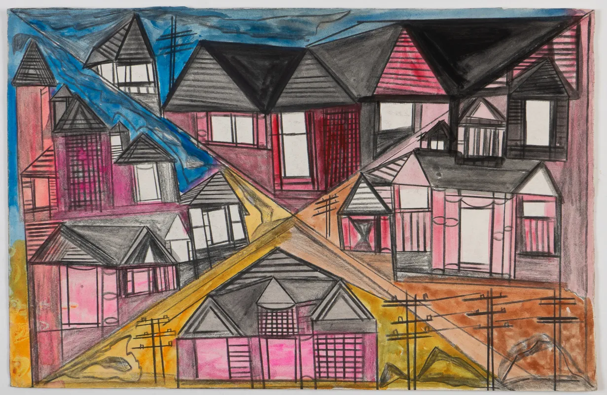 Cityscape in mixed media colour in a naive style. 