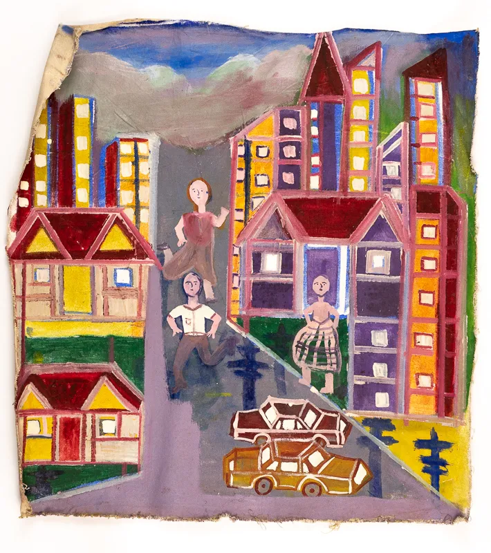 Three figures in a colourful cityscape. Oil on canvas in a naive style.