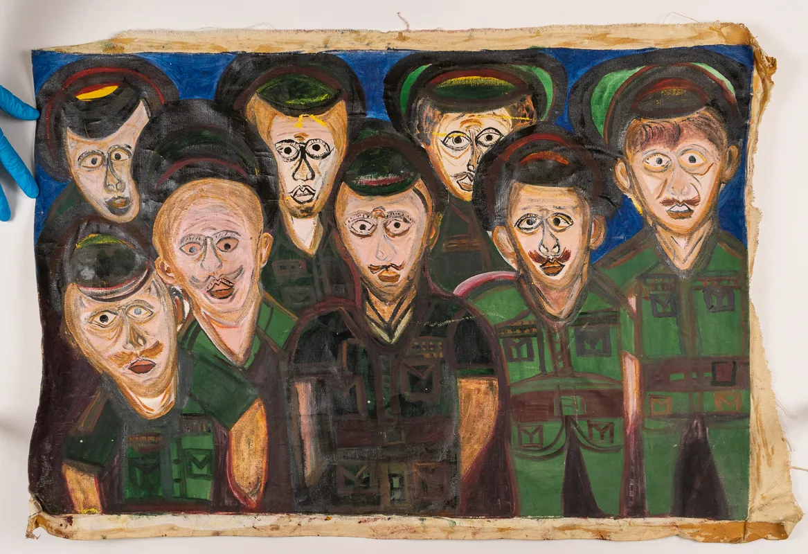 A group of men in green looking forward. Oil on canvas in a naive style.