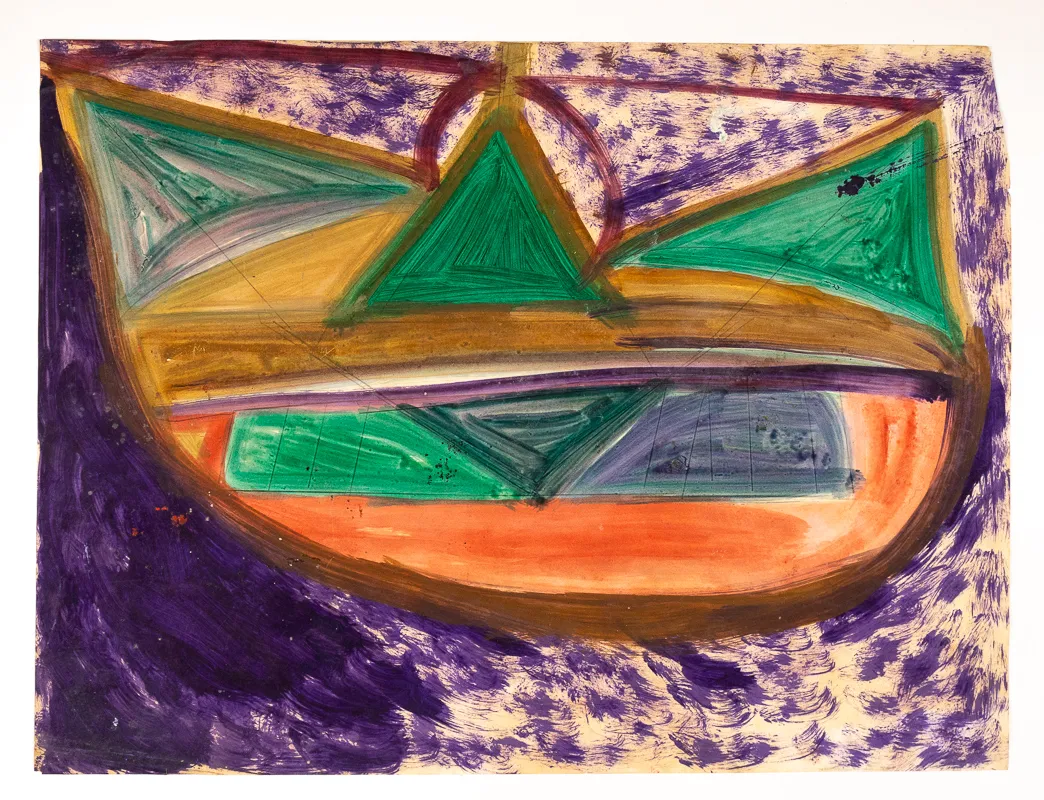 Abstracted boat on a purple background in watercolour.