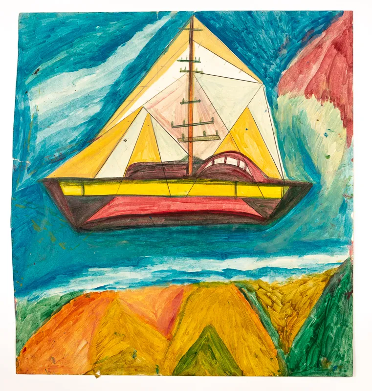 Boat in watercolour in a naive style on a colourful sea and landscape background.