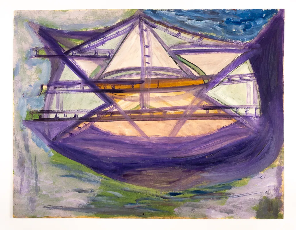 Purple boat in watercolour in an abstracted and naive style on a colourful background. 