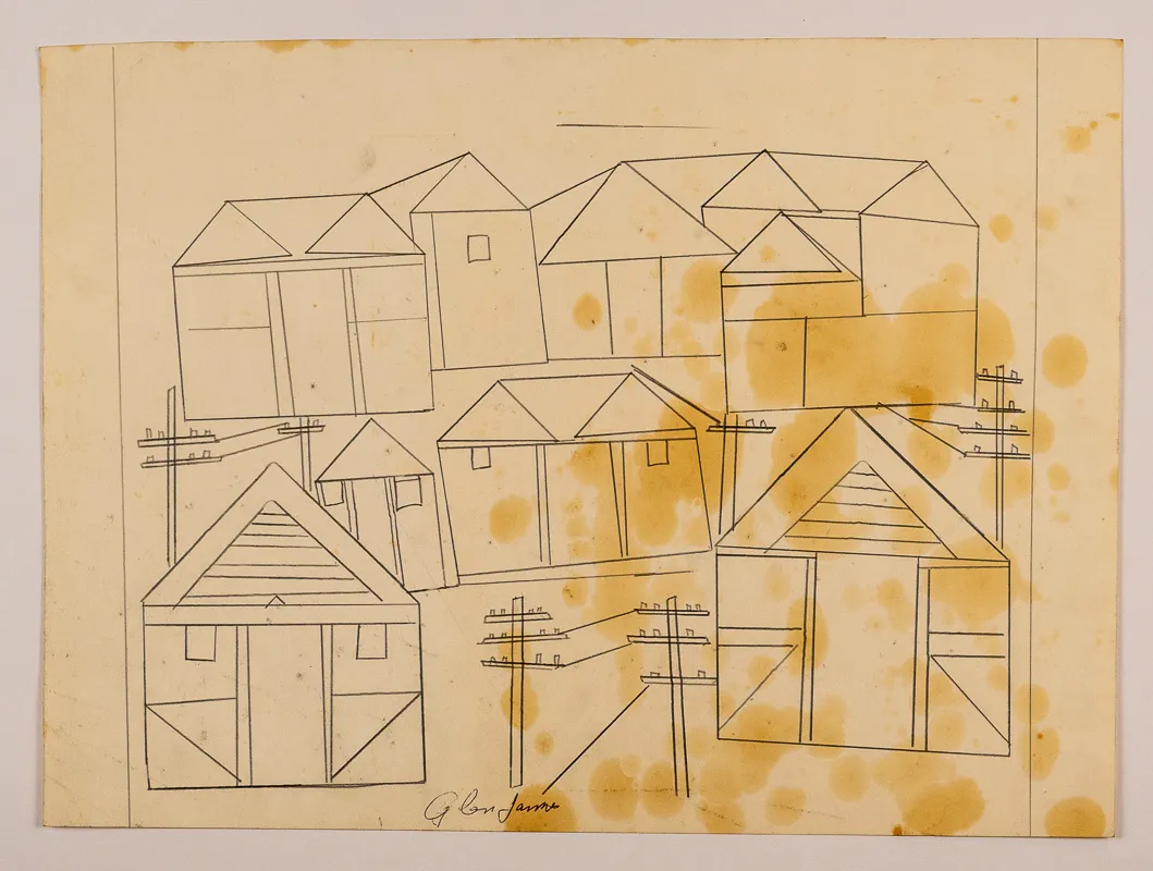 Outline of a cityscape in pencil in a naive style on a blank background. 