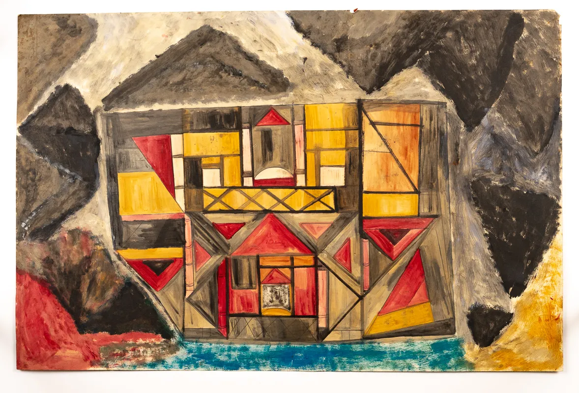 Colourful house in a abstracted geometric style on a background of coloured triangles.