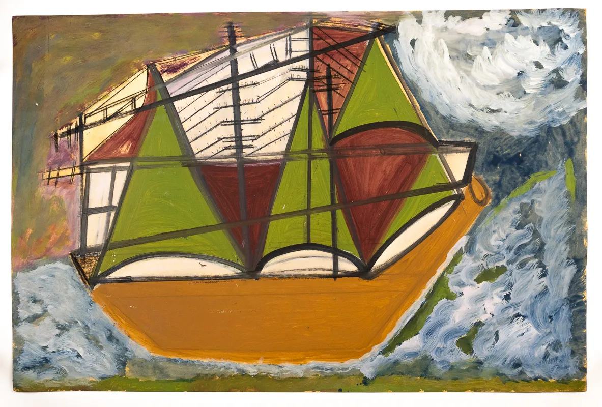 An orange and green boat in oil and pastel in a naive style on a sea-like landscape.