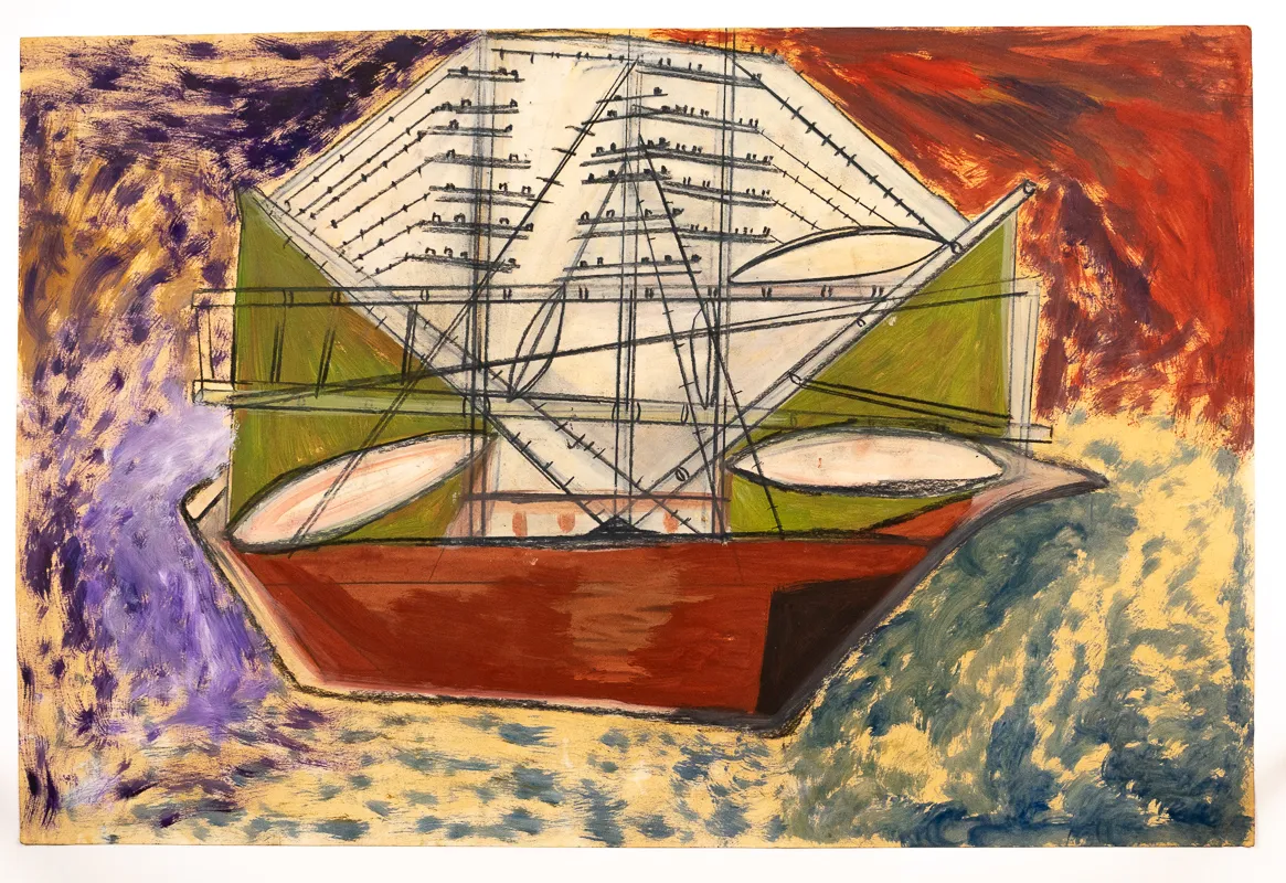 Abstracted boat/house with telephone wires in watercolour on a colourful background.