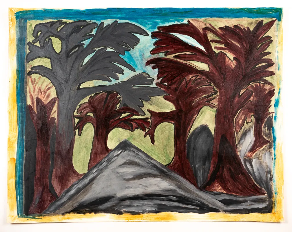 Abstracted forest with grey and burgundy forms in mixed media.