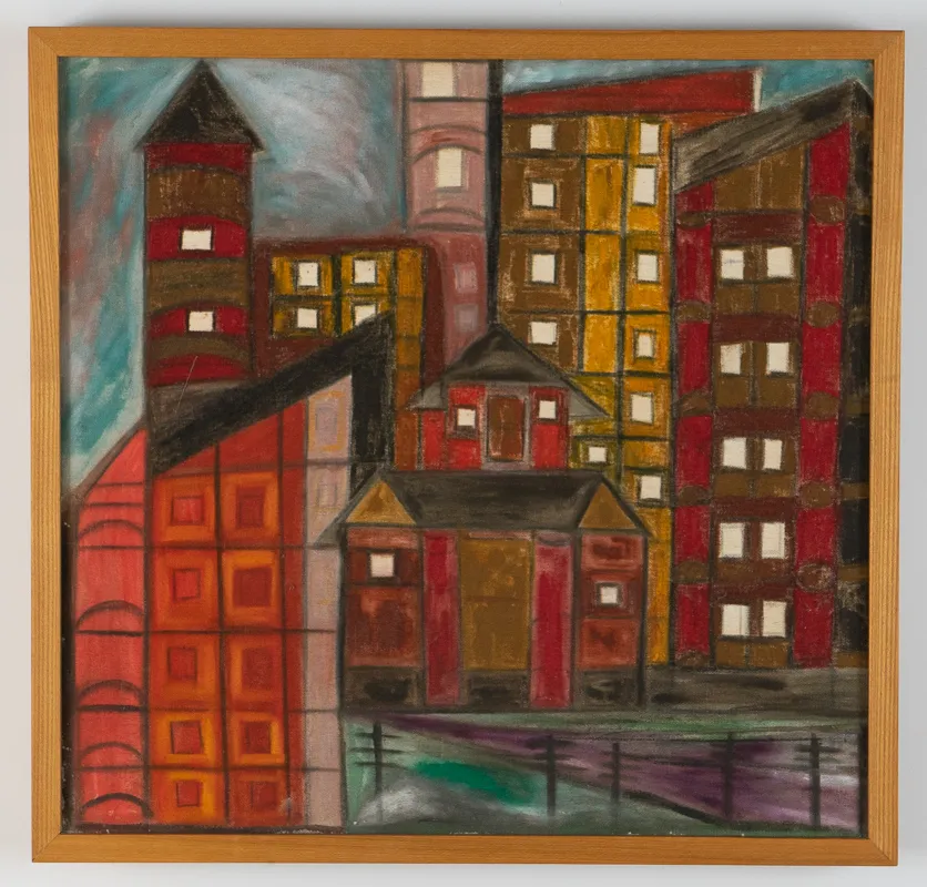 Cityscape in muted colours in acrylic in a naive style. 