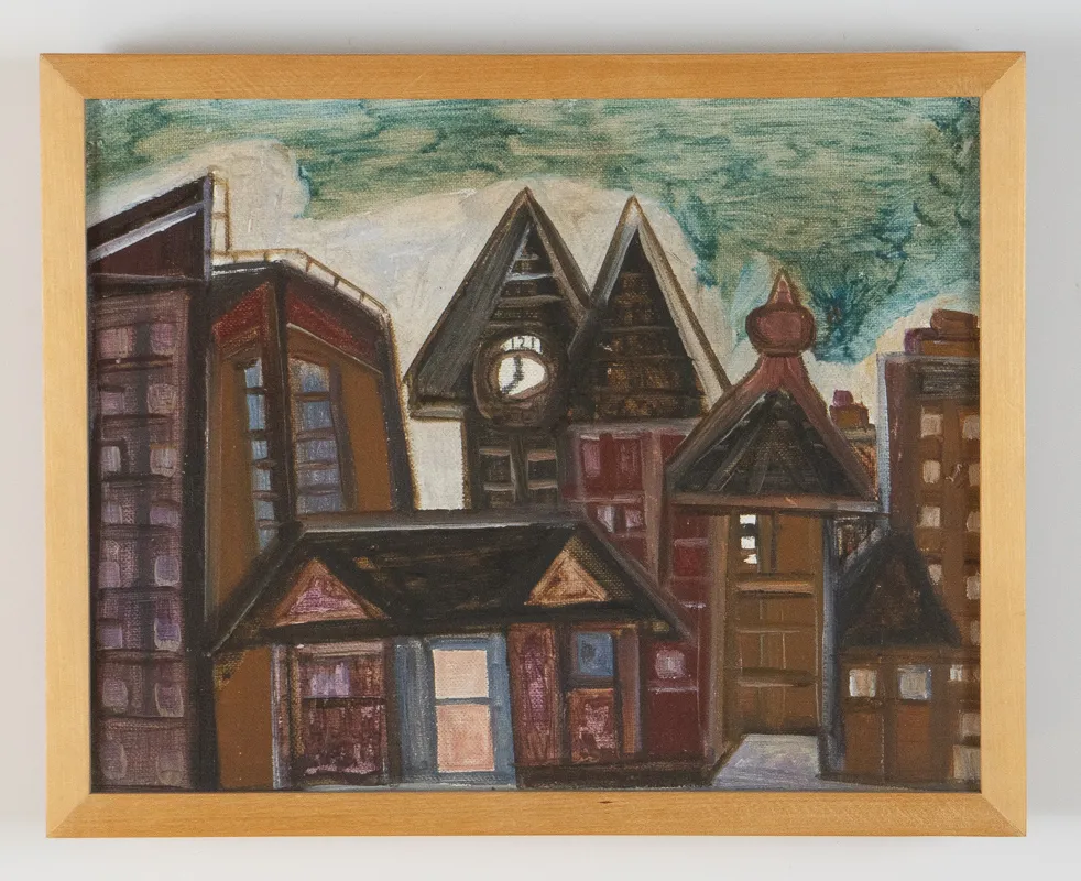 Brown cityscape in oil in a naive style on a turquoise sky.